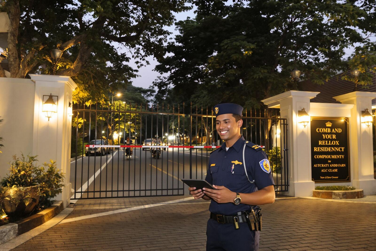 A gate guard holding a tablet, greeting a delivery rider