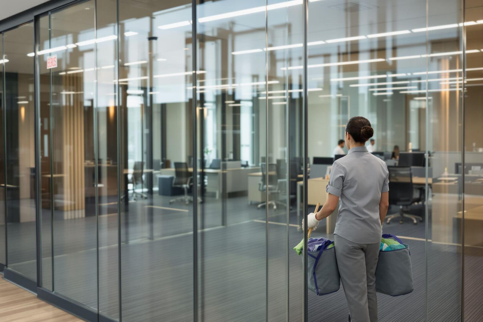 A housekeeping attendant cleaning a glass meeting room