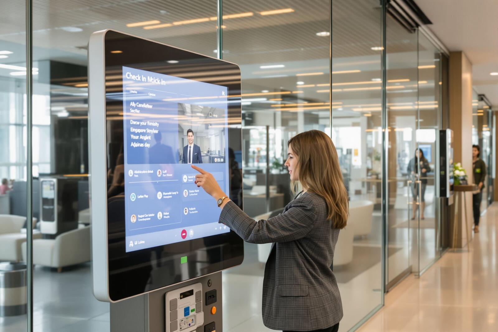 A visitor checking in at a lobby kiosk