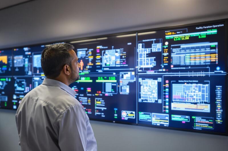 An operations manager in front of a wall of building dashboards