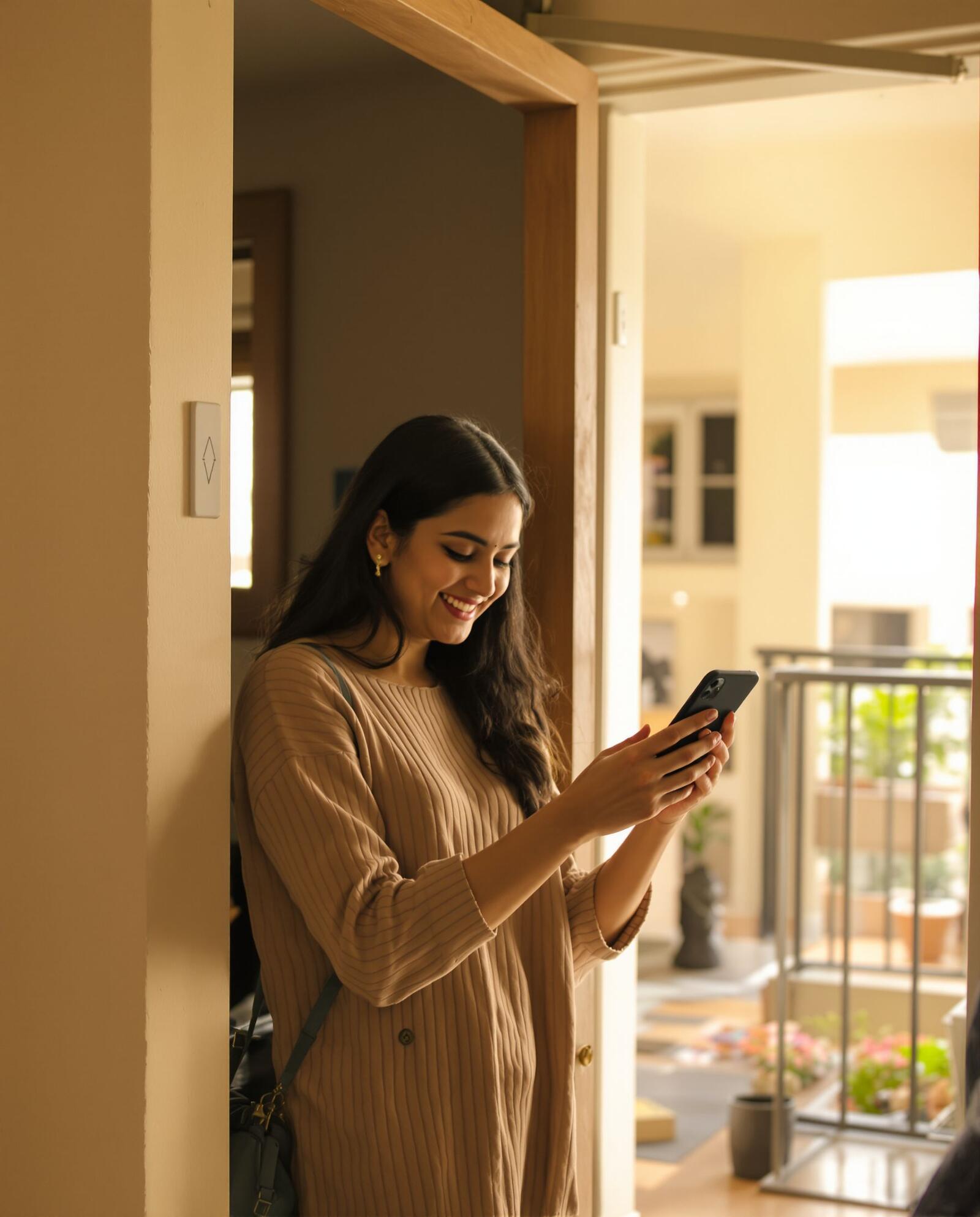 A resident at her front door, smiling at her phone