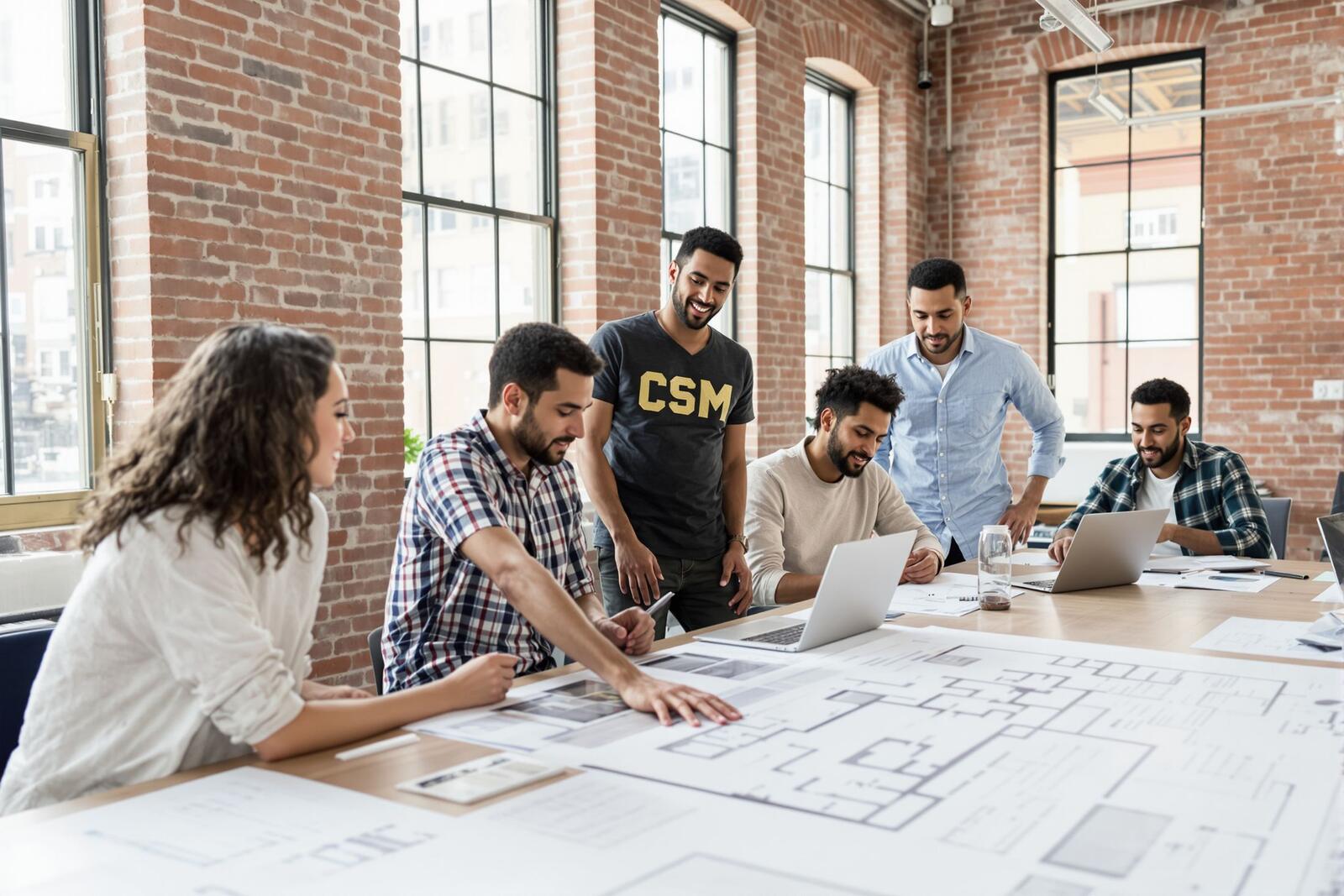 A team working together around a long table in a bright loft